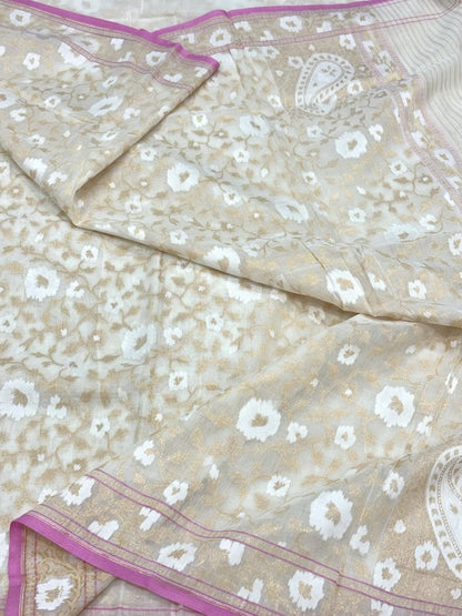 Pearl White Pure Muslin Cotton Jamdani Ektara Weave Handloom Banarasi Saree