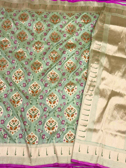 Pista Green Pure Katan Silk & Mulberry Silk Handloom Banarasi Saree