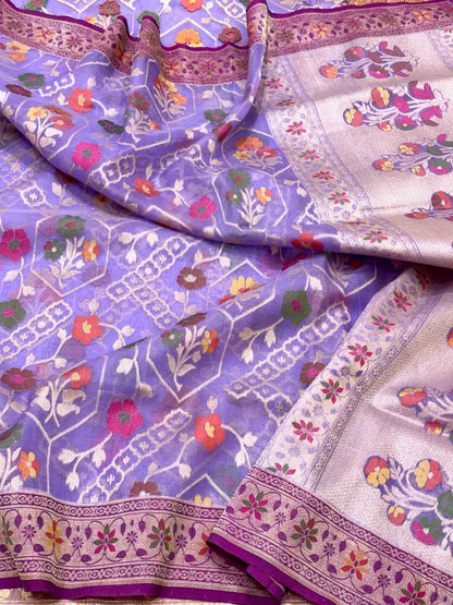 Lavender Handloom Banarasi Ektara Weave Saree | Pure Mulberry Kora Silk ( Organza ) Jamdani Banarasi Saree