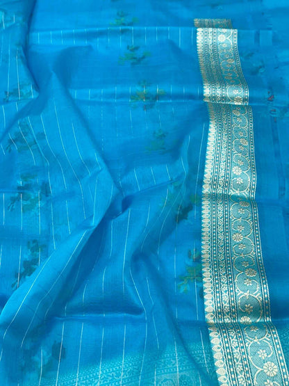Blue Pure Kora Mulberry Silk handwoven Banarasi saree - Ektara Jamdani Weave