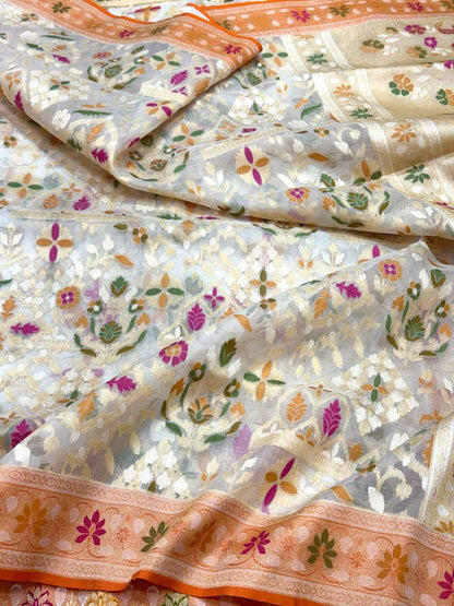 Off White Pure Kora Mulberry Silk Ektara Weave Jamdani Handloom Banarasi Saree