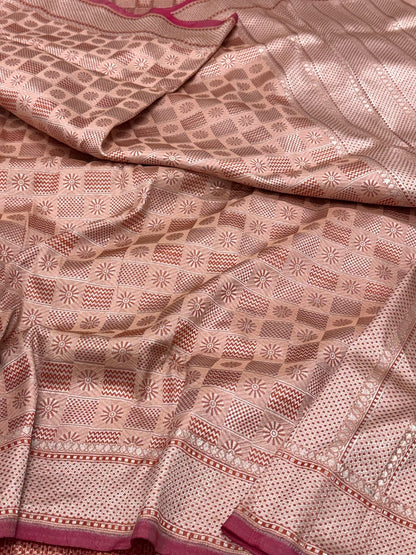 Dusty Peach Pure Katan Mulberry Silk Handloom Authentic Banarasi Brocade Saree