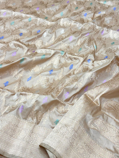 Beige Pure Katan Mulberry Silk Handwoven | Kadhwa Weave | Timeless Banarasi Saree