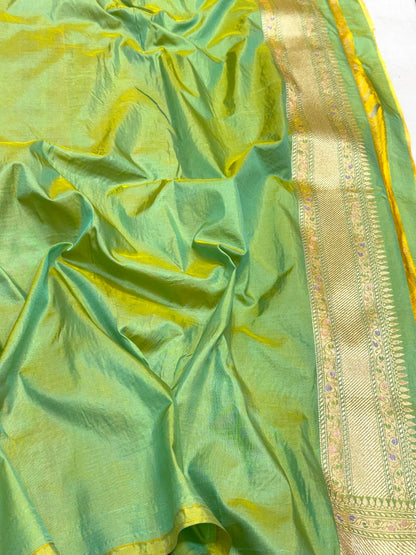 Pista Green Dual Tone Pure Mulberry Katan Silk Handloom Banarasi Saree - Authentic Banarasi Meenakari Saree