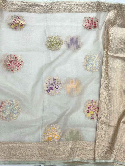 Pearl White Pure Kora Mulberry Silk | Kadhwa Technique | Handwoven Lighweight Banarasi Saree