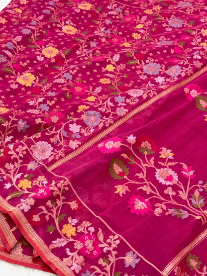 Pink Pure Muslin Cotton Jamdani Ektara Weave Handloom Banarasi Saree