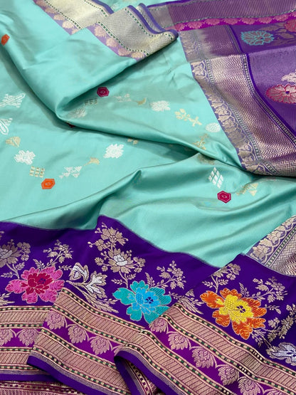 Aqua Green/Purple Pure Katan Mulberry Silk Handwoven Ektara Banarasi Silk Saree