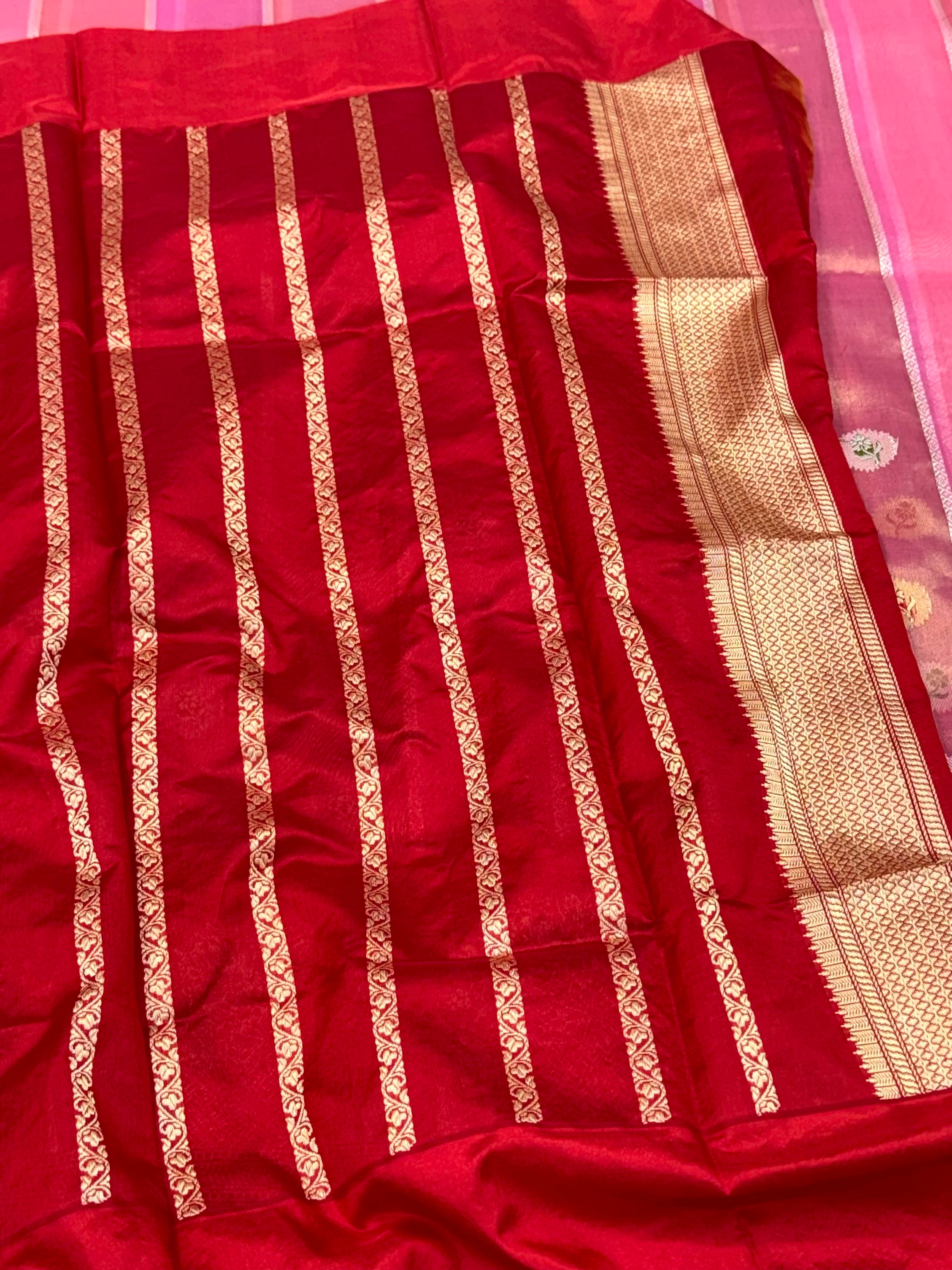 Red Pure Mulberry Kora Silk  Handwoven Banarasi Saree