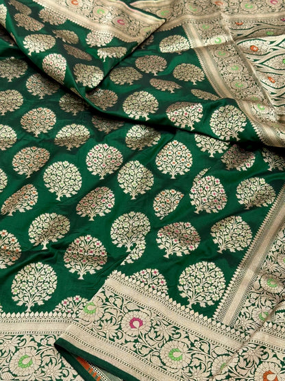 Bottle Green Pure Katan Mulberry Silk Handloom Banarasi Saree