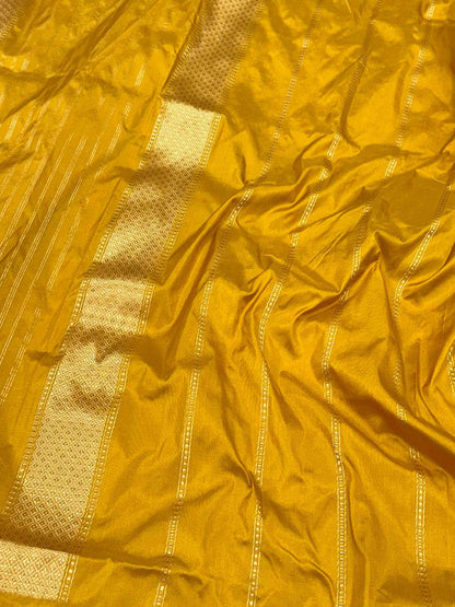 Mustard Yellow Pure Mulberry Katan Silk Handwoven Banarasi Saree - Authentic Kadhwa Technique Banarasi  BrocadeSaree