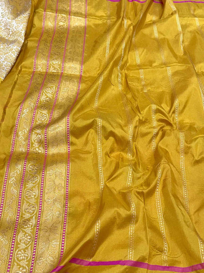Mustard Yellow Pure Mulberry Katan Silk Handwoven - Kadhwa Techique Modern Banarasi Brocade Saree