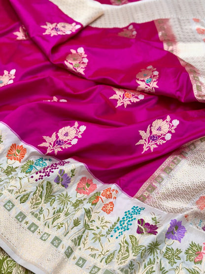 Rani Pink/Ivory Pure Katan Silk Saree | Kadhwa Technique | Pure Mulberry Silk Handwoven Banarasi Saree