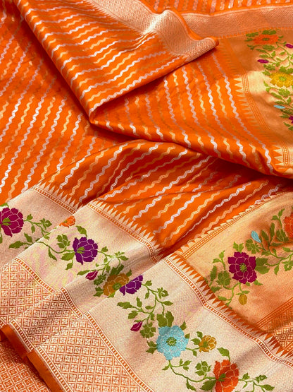 Orange Pure Katan Silk & Pure Mulberry Silk | Traditional Kadhwa Technique | Handwoven Banarasi Saree