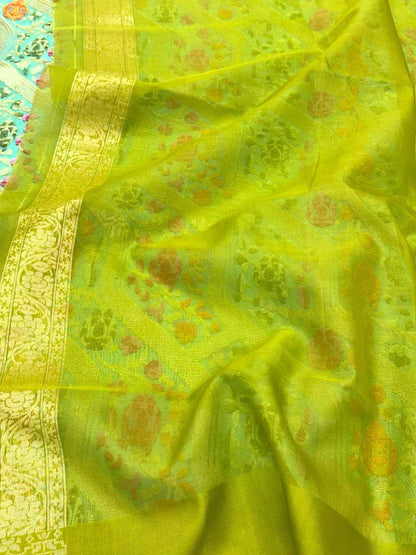 Sea Green Pure Kora Mulberry Silk Ektara Weave Jamdani Handloom Banarasi Saree