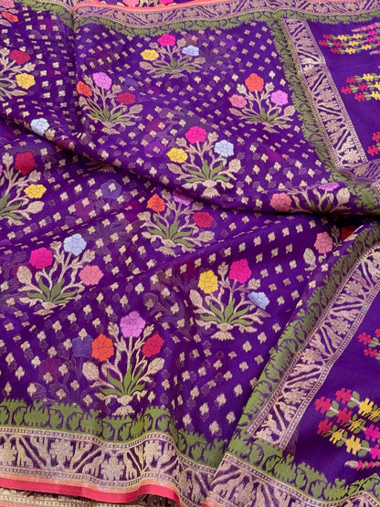 Purple Banarasi Ektara Jamdani Saree | Pure Kora Mulberry Silk Modern Handloom Lightweight Saree