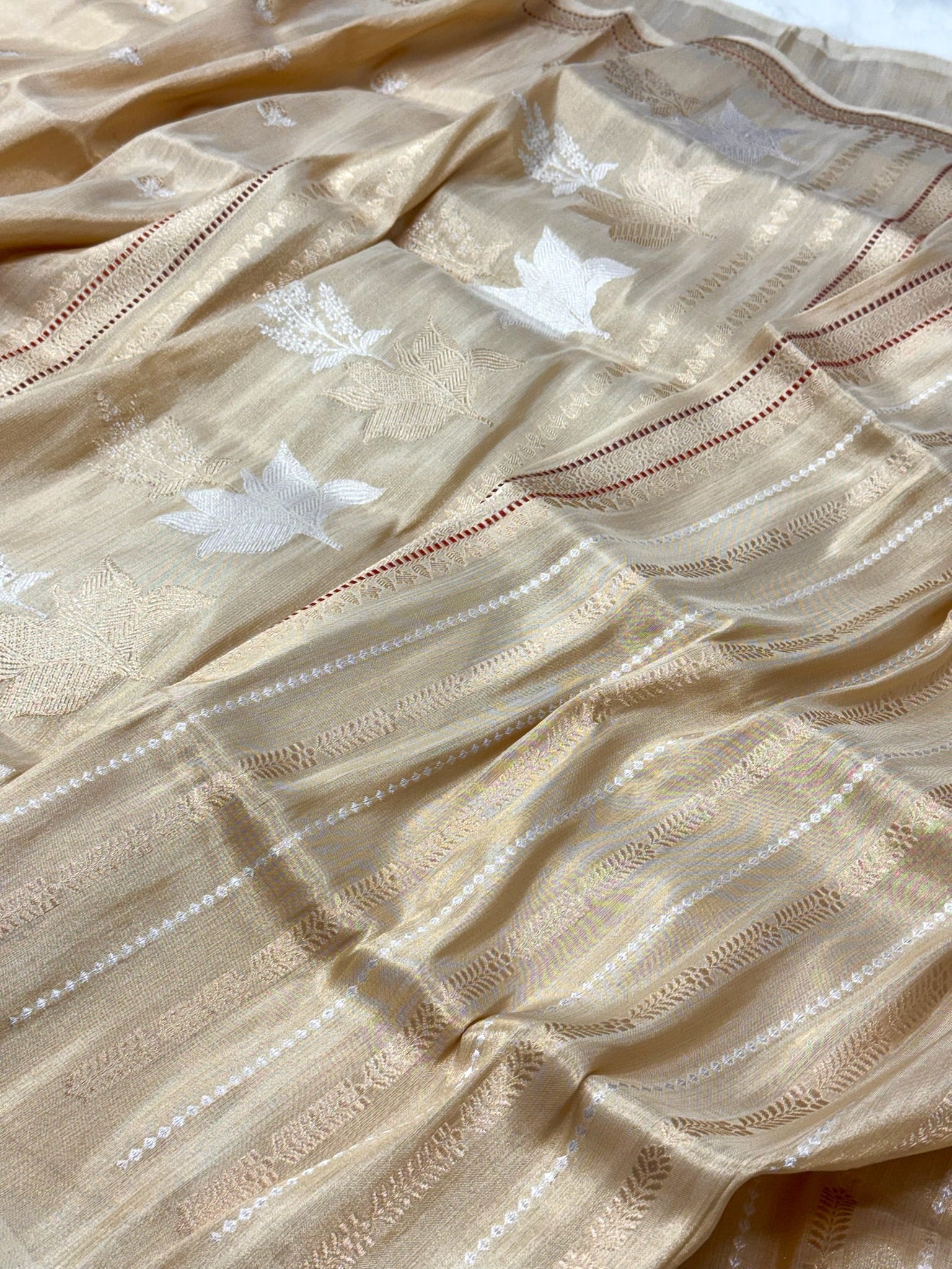 Beige Ektara Weave Katan Tissue Handwoven Banarasi Silk Saree