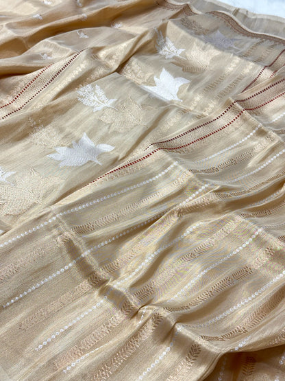 Beige Pure Katan Tissue Silk Handwoven Banarasi Saree |Ektara Weave|