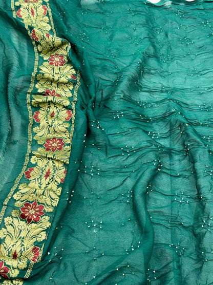 Emerald Green Pure Chiffon Georgette Handloom Banarasi Bandhej Saree soft Drape