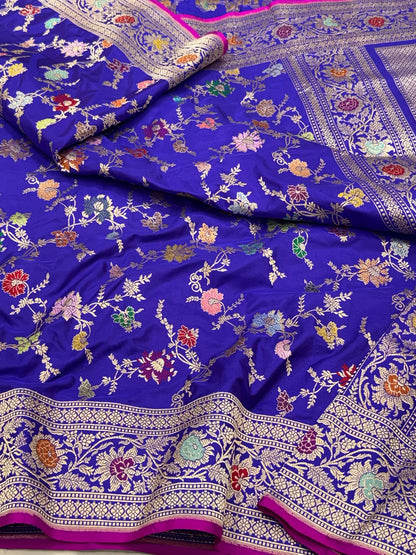 Blue Handwoven Luxury Banarasi Saree - Pure Mulberry Double Katan Silk Banarasi Saree | Kadhwa Weave |