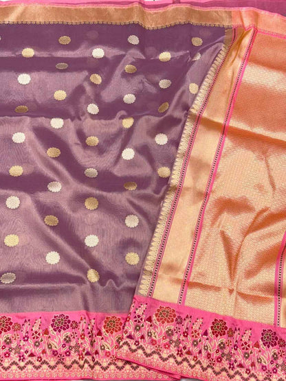 Lilac Pink Pure Kora Silk & Pure Tissue Silk - Handwoven ( Kadhwa ) Modern Banarasi Saree