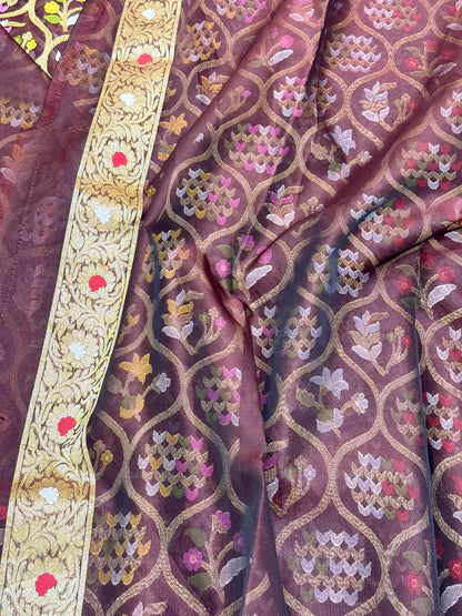 Wine Pure Kora Mulberry Silk Handloom Banarasi Saree | Ektara Jamdani Technique