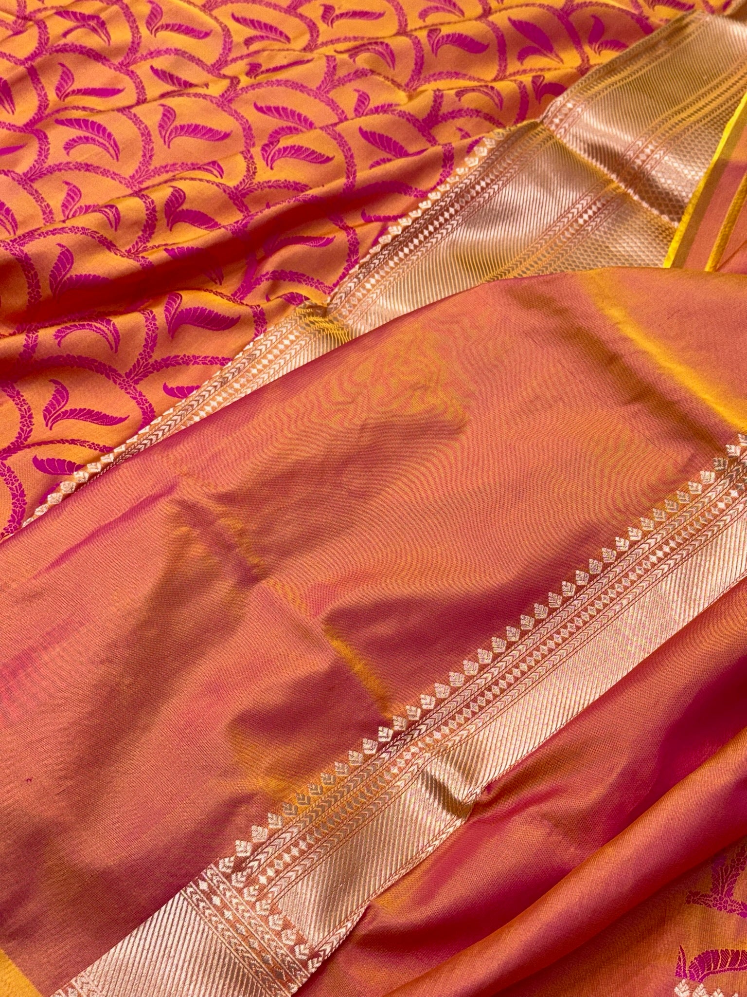 Yellowish Pink Satin Silk Handwoven Banarasi Saree