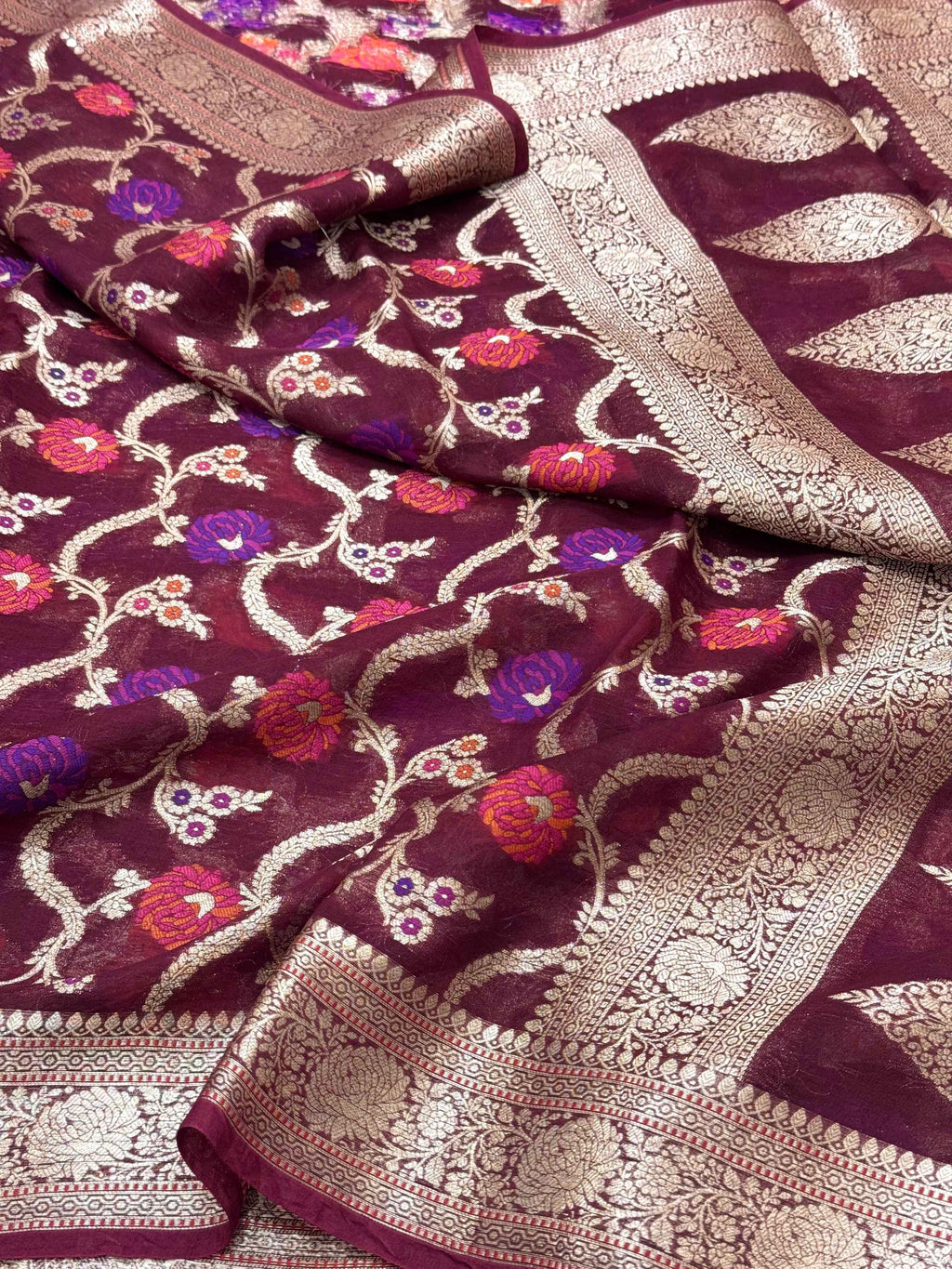 Wine Pure Kora Organza Silk Meenakari Banarasi Saree- Lightweight