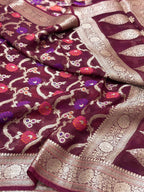 Wine Pure Kora Organza Silk Meenakari Banarasi Saree- Lightweight