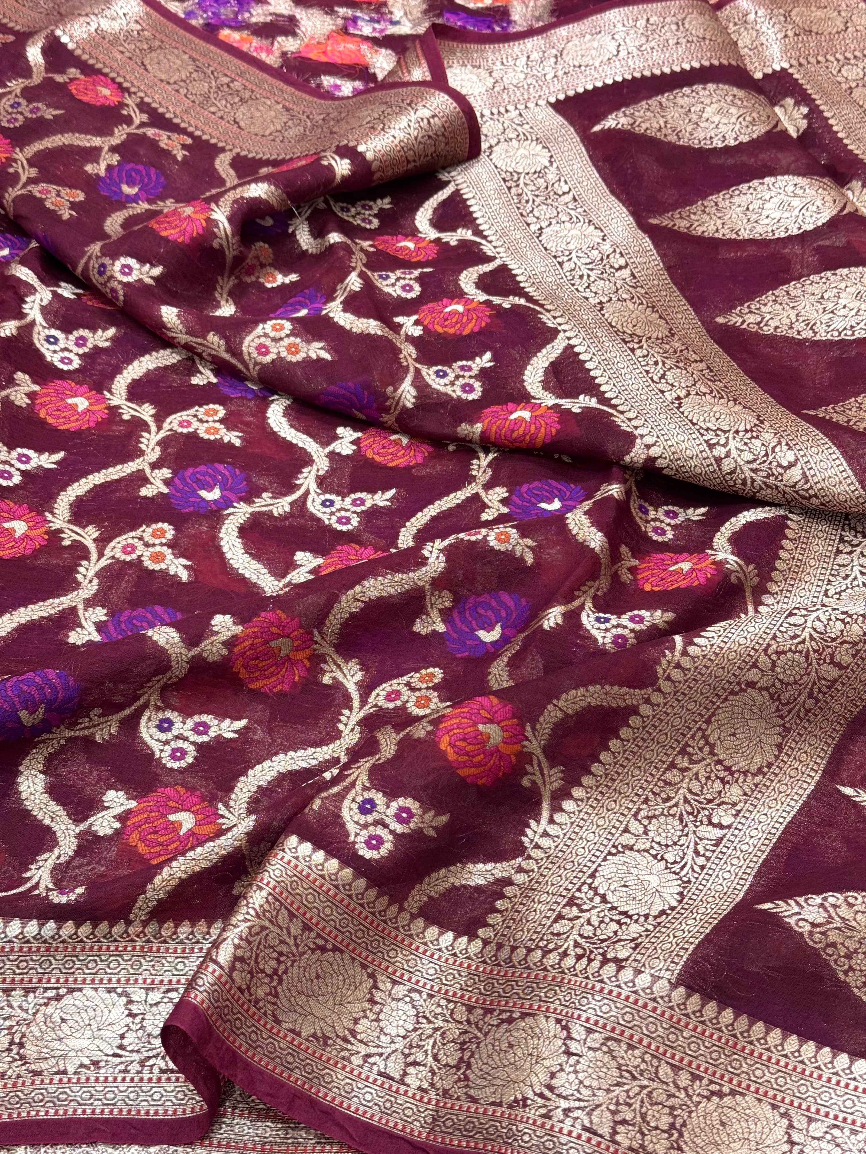 Wine Pure Kora Organza Silk Meenakari Banarasi Saree- Lightweight