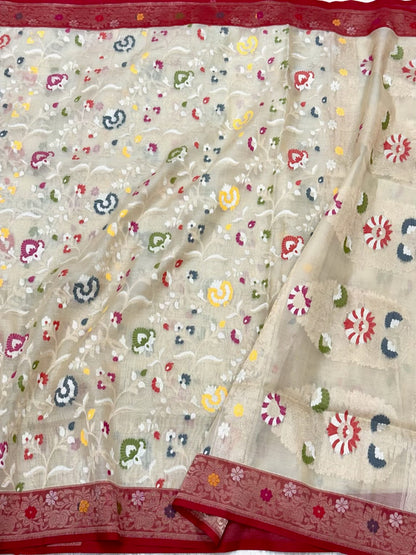 Ivory Pure Kora Silk Handwoven Banarasi Saree | Soft Drape Lightweight Banarasi Ektara Saree