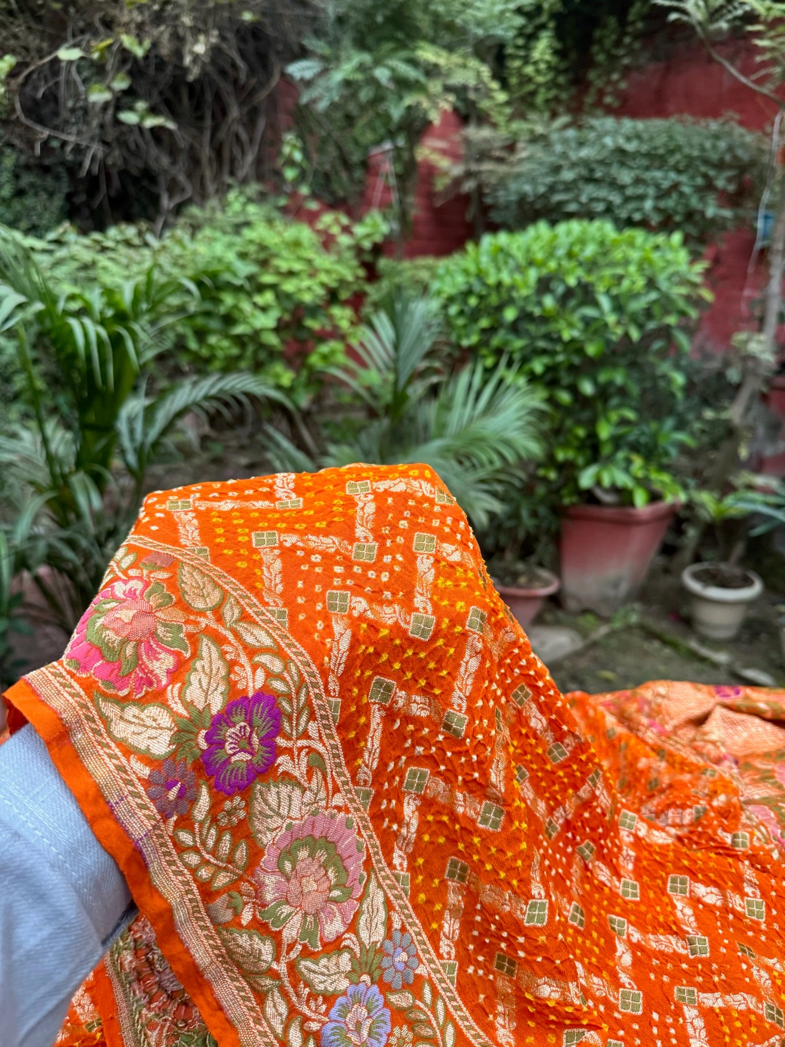 Orange Pure Chiffon Khaddi Georgette Bandhej Handwoven Saree