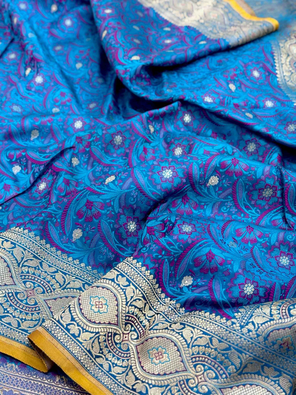 Saphire Blue Pure Satin Silk Handwoven Soft Drape Banarasi Saree