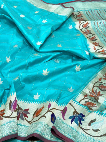 Electric Blue Pure Mulberry Katan Silk Saree Handwoven Banarasi Saree - Timeless Kadhwa Elegance