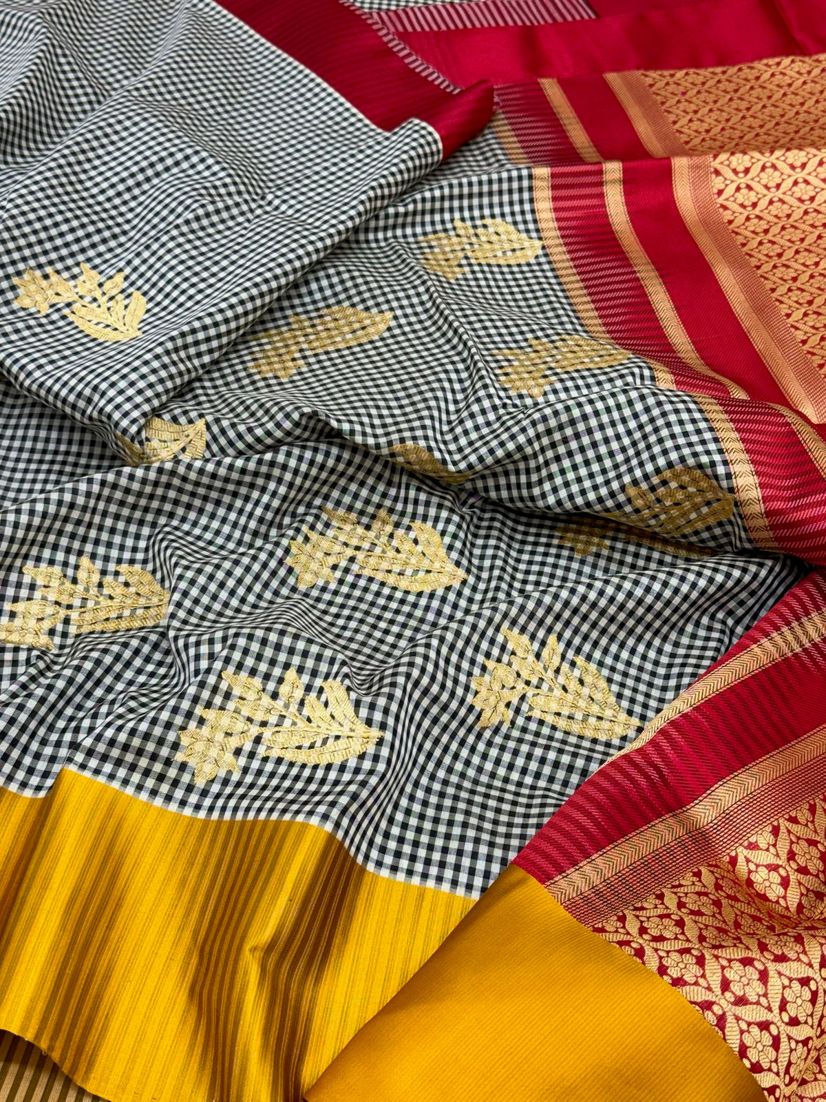 Black Pure Katan Mulberry Silk Handwoven Banarasi Saree | Kadhwa Weave Modern Contemporary Checks Saree