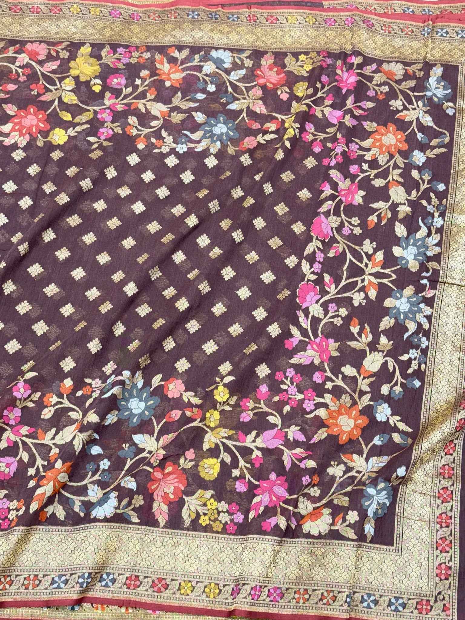 Wine Pure Muslin Cotton Jamdani Handloom Banarasi Saree -Ektara Technique