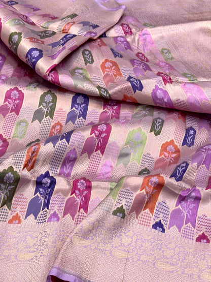 Lilac Pink Handloom Banarasi Saree | Pure Katan Mulberry Silk Banarasi Rangkaat Saree - The New Classic