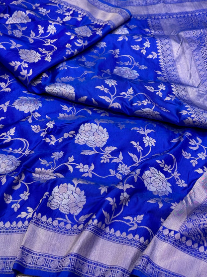 Blue Pure Katan Mulberry Silk Handloom Saree | Ektara Jamdani Banarasi Saree