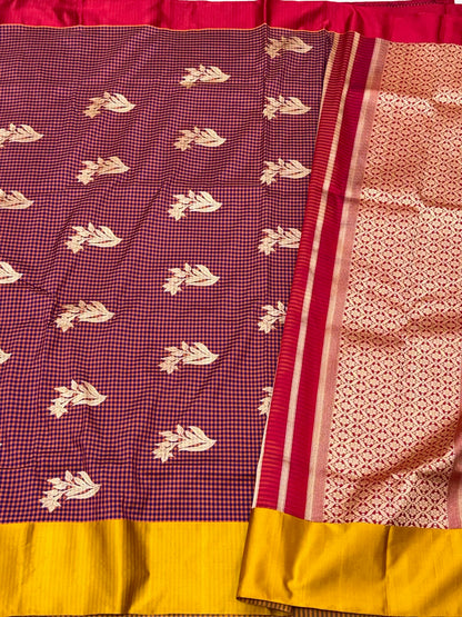 Purple/Orange Check Pure Katan Mulberry Silk Handwoven Banarasi Contemporary Saree | Kadhwa Technique | The Modern Royal