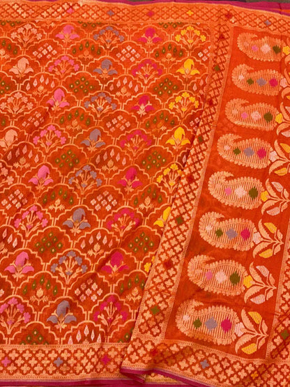 Orange Pure Muslin Cotton Jamdani Handloom Banarasi Lightweight Ektara Saree
