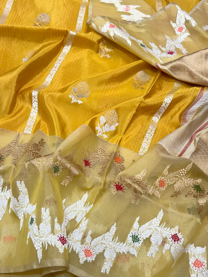 Mustard Yellow Pure Katan Mulberry Silk| Kadhwa  Kadhiyal Weave | Pure Kora Silk Borders Banarasi Saree - The Modern Royal