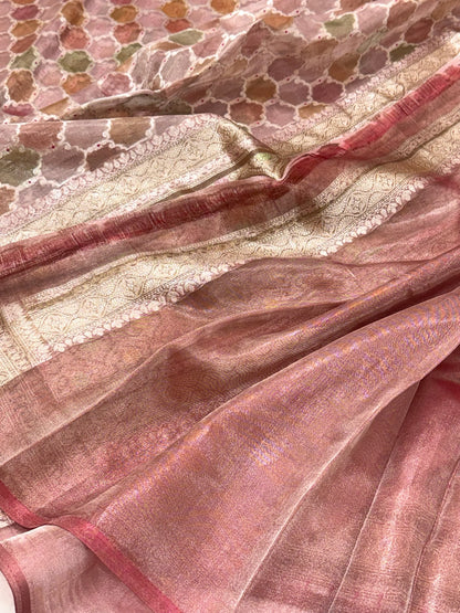 Pink Pure Mulberry Tissue Silk Handloom Banarasi Saree |Ektara Weave|