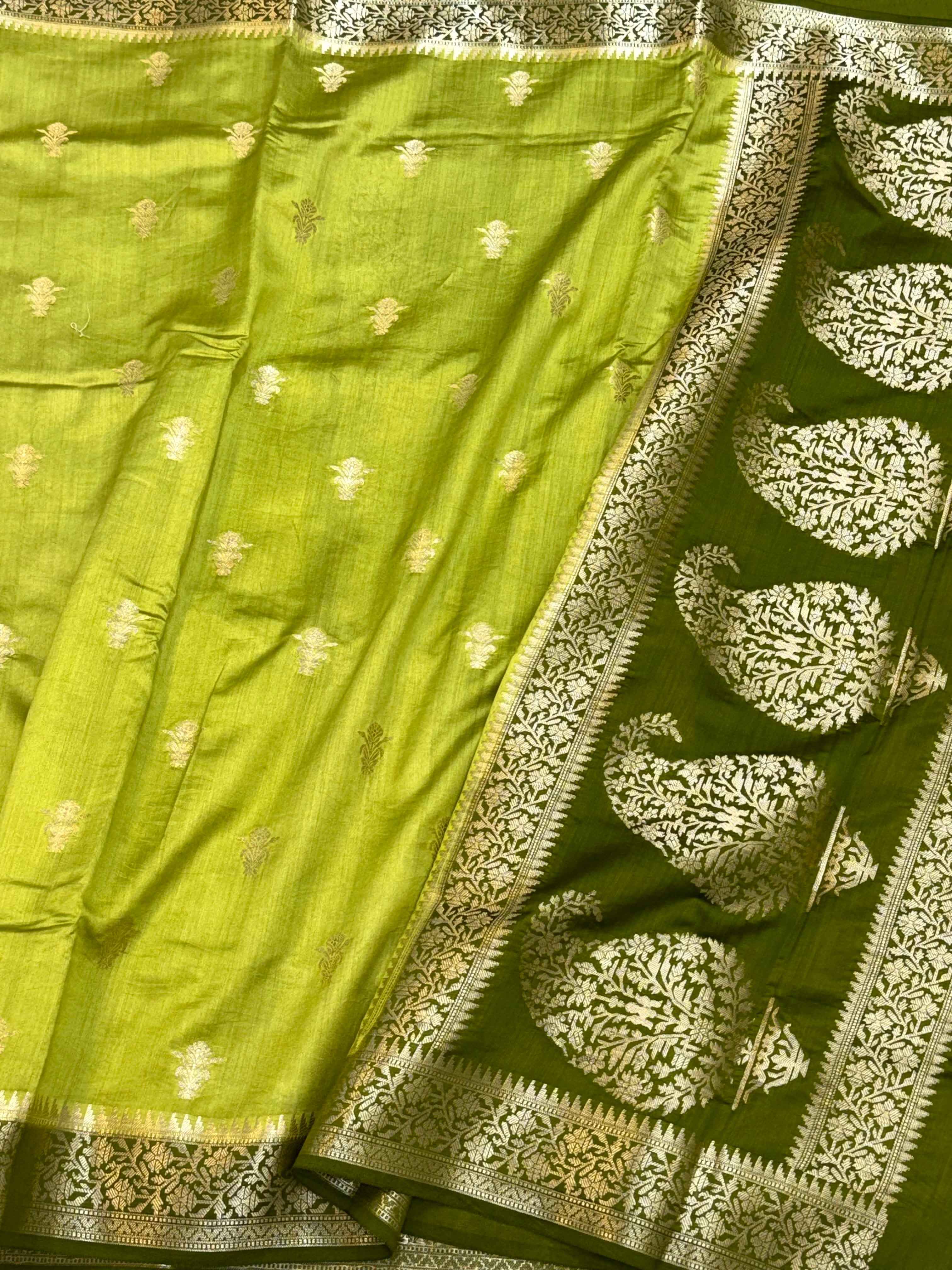 Lime Green Pure Mulberry Chiniya Silk Lightweight Handloom Banarasi Saree