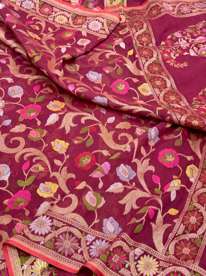 Berry Pure Muslin Cotton Jamdani Ektara Weave Handloom Banarasi Saree