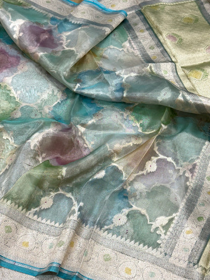Blue Pure Mulberry Tissue Silk Handloom Banarasi Saree |Ektara Weave|