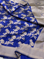 Blue Pure Mulberry Katan Silk Handloom Banarasi Saree