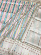 White Pure Kora Tissue Silver Zari Ektara Weave Handwoven Banarasi Saree