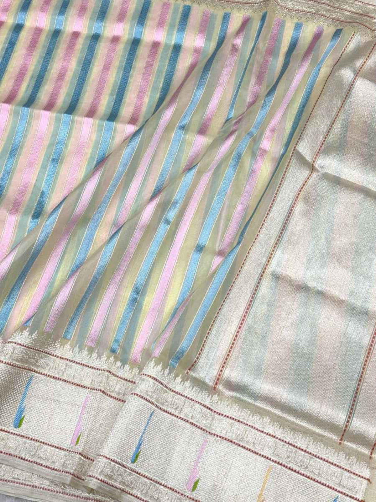 White Pure Kora Tissue Silver Zari Ektara Weave Handwoven Banarasi Saree