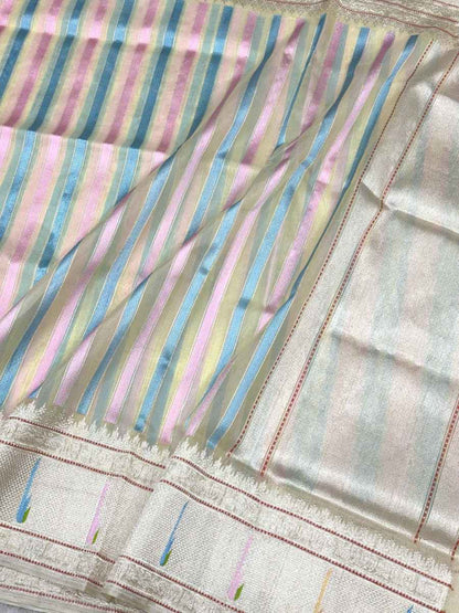 White Pure Kora Tissue Silver Zari Ektara Weave Handwoven Banarasi Saree