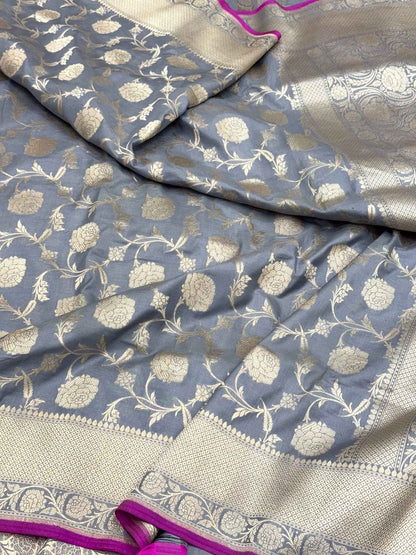 Steel Gray Pure Mulberry Katan Silk Handloom Banarasi Saree