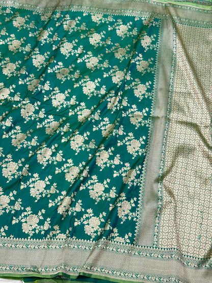 Green Dual Tone Pure Mulberry Silk & Pure Katan Silk Handloom Banarasi Saree
